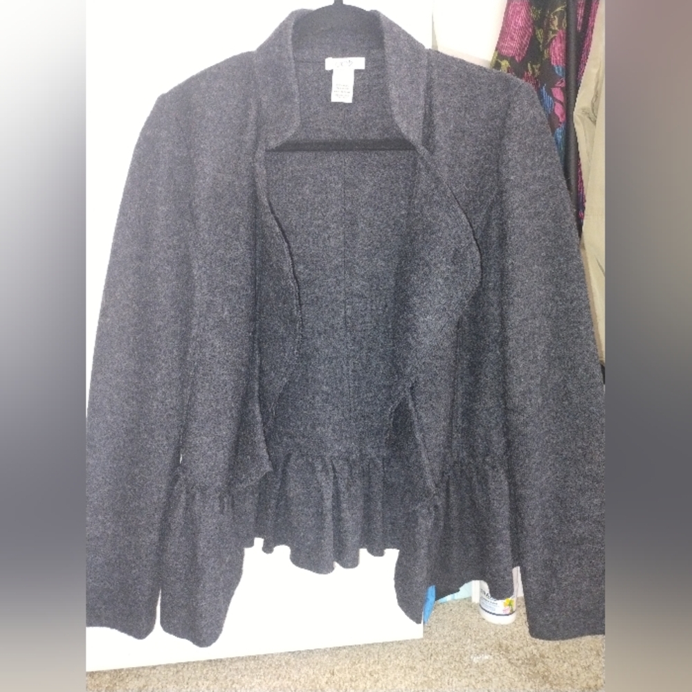 Women's Charcoal Gray Ruffled Jacket Cardigan Sweater Size Large Cache
